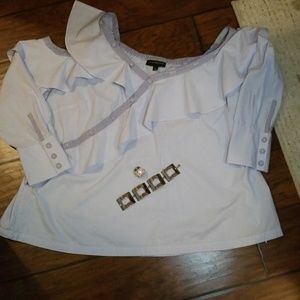 Light blue and white striped off the shoulder top